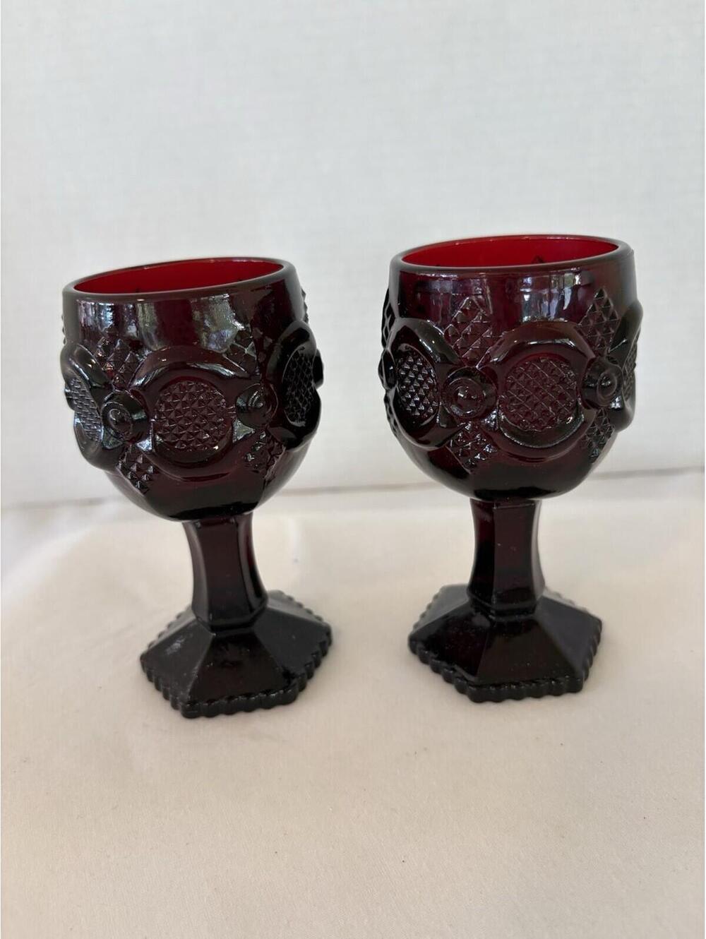 Vintage Avon 1876 Cape Cod Ruby Red Mini Cordial Wine Goblet 4 1/2" Set of 2